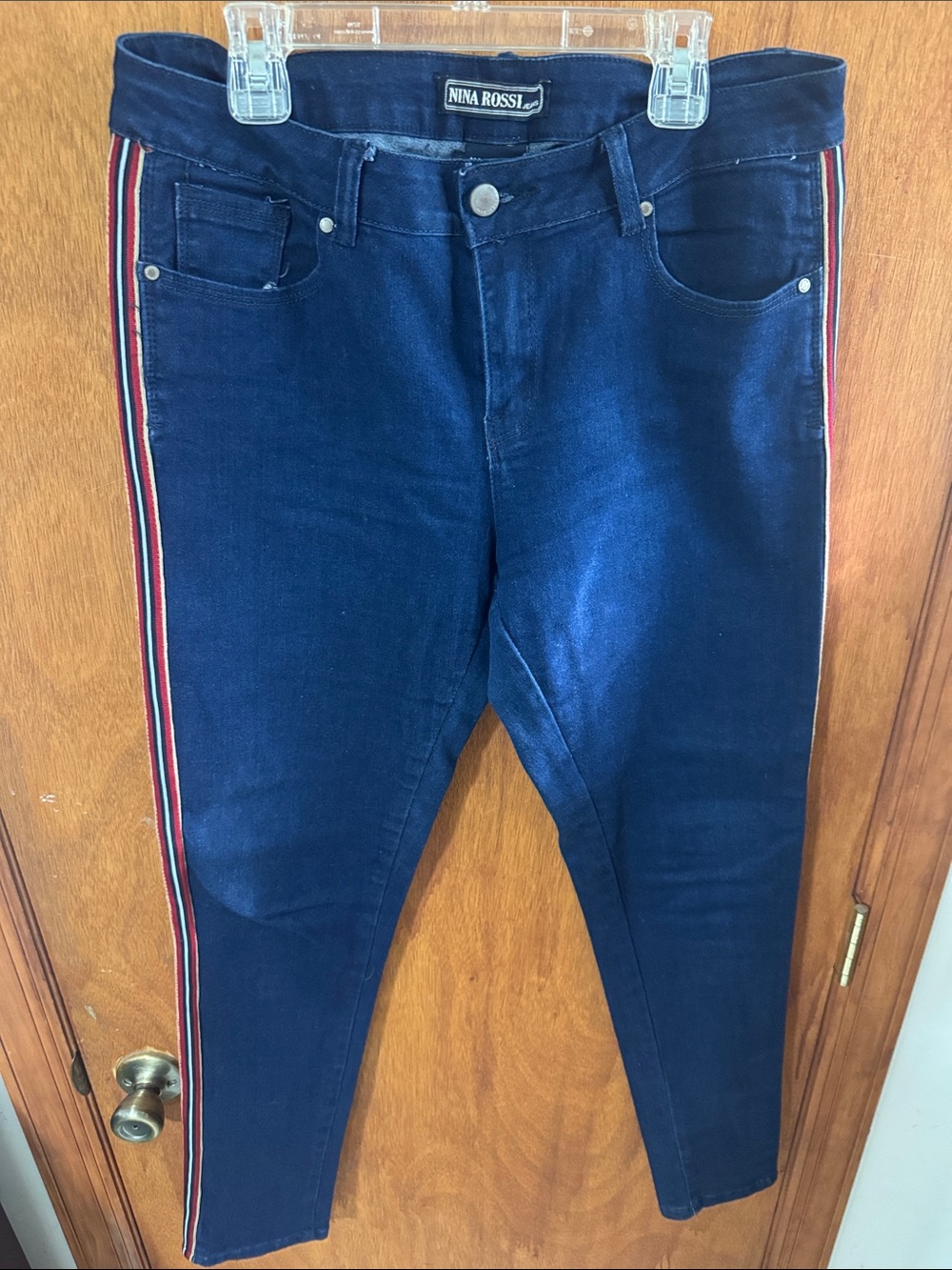 Nina Rossi Ladies’ Navy Skinny Jeans with Tan, Red, Blue & White Side Stripes